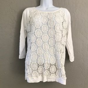 LOFT Cream Lace 3/4 Length Sleeve T-Shirt